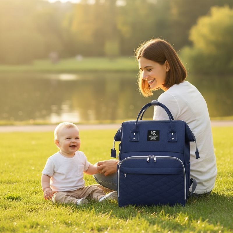 sac à langer maman assise sur l'herbe avec bébé