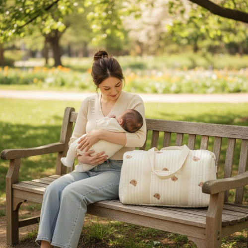 sac à langer maman assise sur un banc avec son bébé