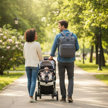 sac a  langer papa portant le sac a langer dans le dos et maman poussant la poussette